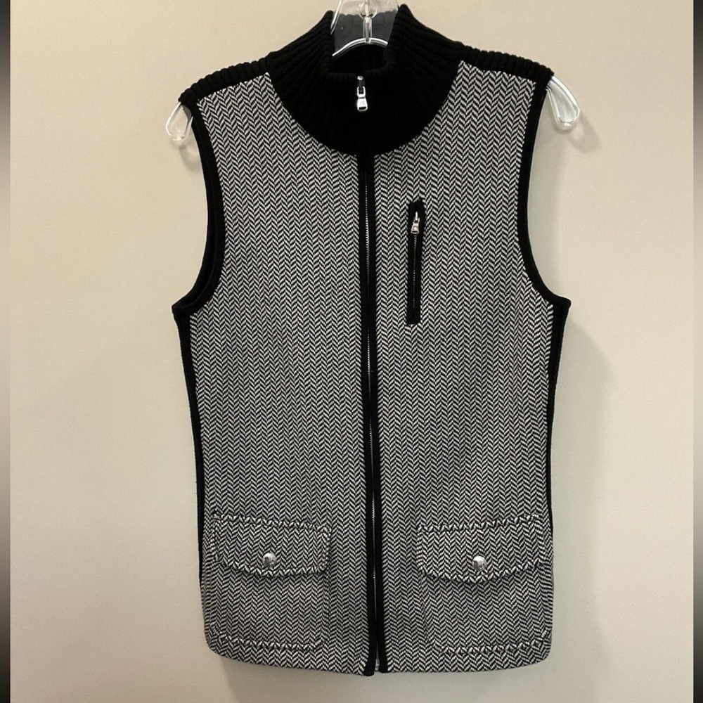 Lauren Ralph Lauren Herringbone Black White Mock Neck Zip Sweater Vest Size L